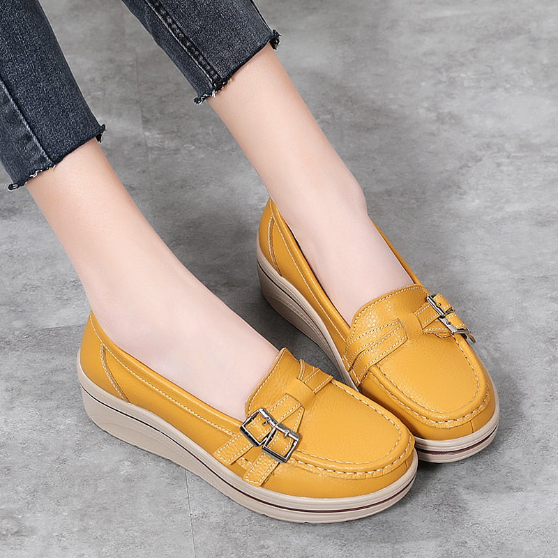 Aichashi New Spring Autumn Women Flats Platform Loafers Ladies Leather Comfort Wedge Moccasins Orthopedic Slip On Casual Shoes 35-42