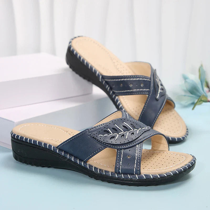 Aichashi Ethnic Style Wedges Sandals Women 2024 Summer Pu Leather Low Heels Slippers Woman Lightweight Non Slip Outdoor Slides Female