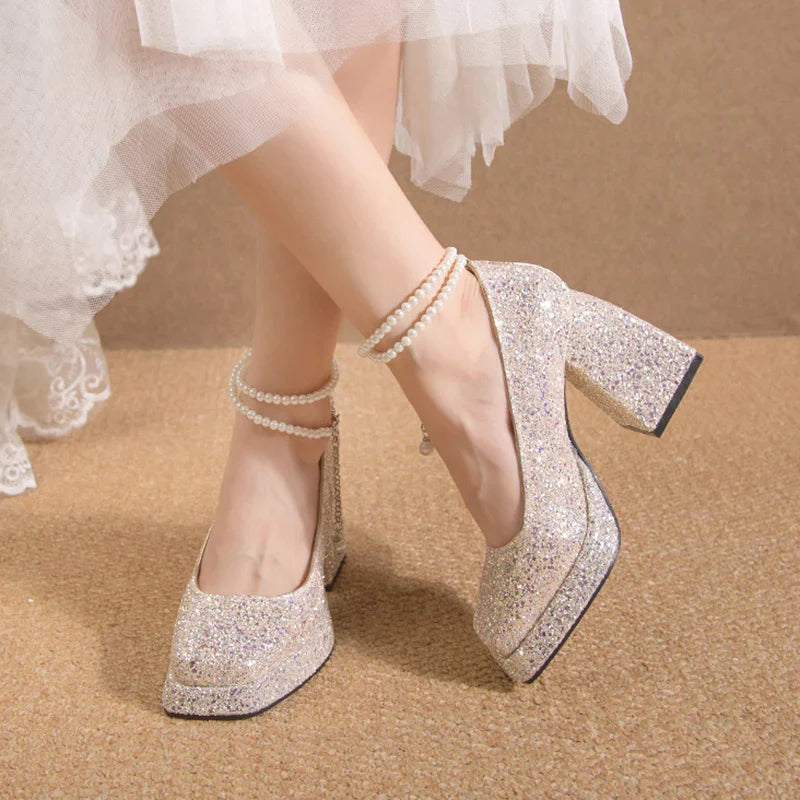 aichashi Luxury Gold Glitter High Heels Pumps for Women Spring Pearl Ankle Strap Wedding Shoes Woman Chunky Platform Mary Jane Shoes