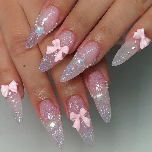 Aichashi 24Pcs Pink Almond False Nails Butterfly Glitter Fake Nails Press on Nails Star with Rhinestones French Gradient Nail Tips Art