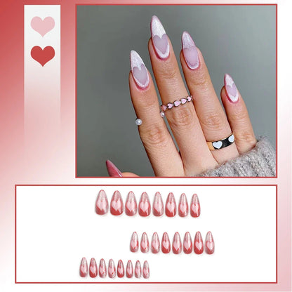 24PCS Sweet Strawberry Press on Nails French Pearl Design Almond False Nails Girl Gifts Detchable Full Cover Fake Nail Patches