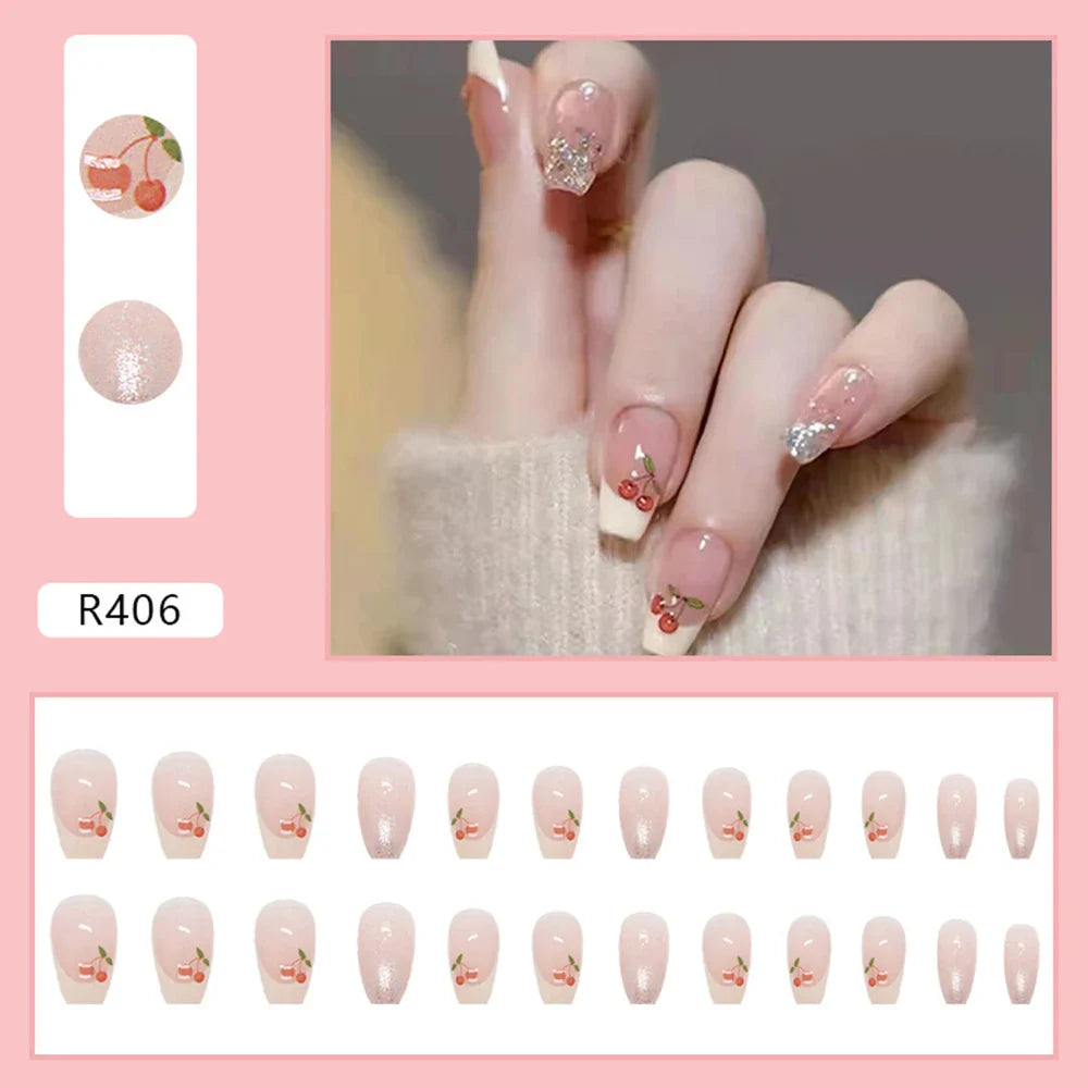 24pcs false nails matte Green Nails Patch with glue Removable Long Paragraph Fashion Manicure press on Nail tips