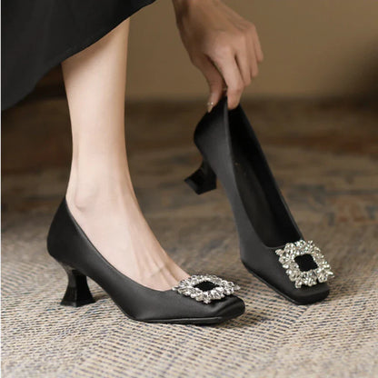 aichashi  -  Crystal Silks Mary Jane Low Heeled Pumps Women Fashions Chunky Heel Wedding Shoes Elegant Square Head Rhinestone High Heels