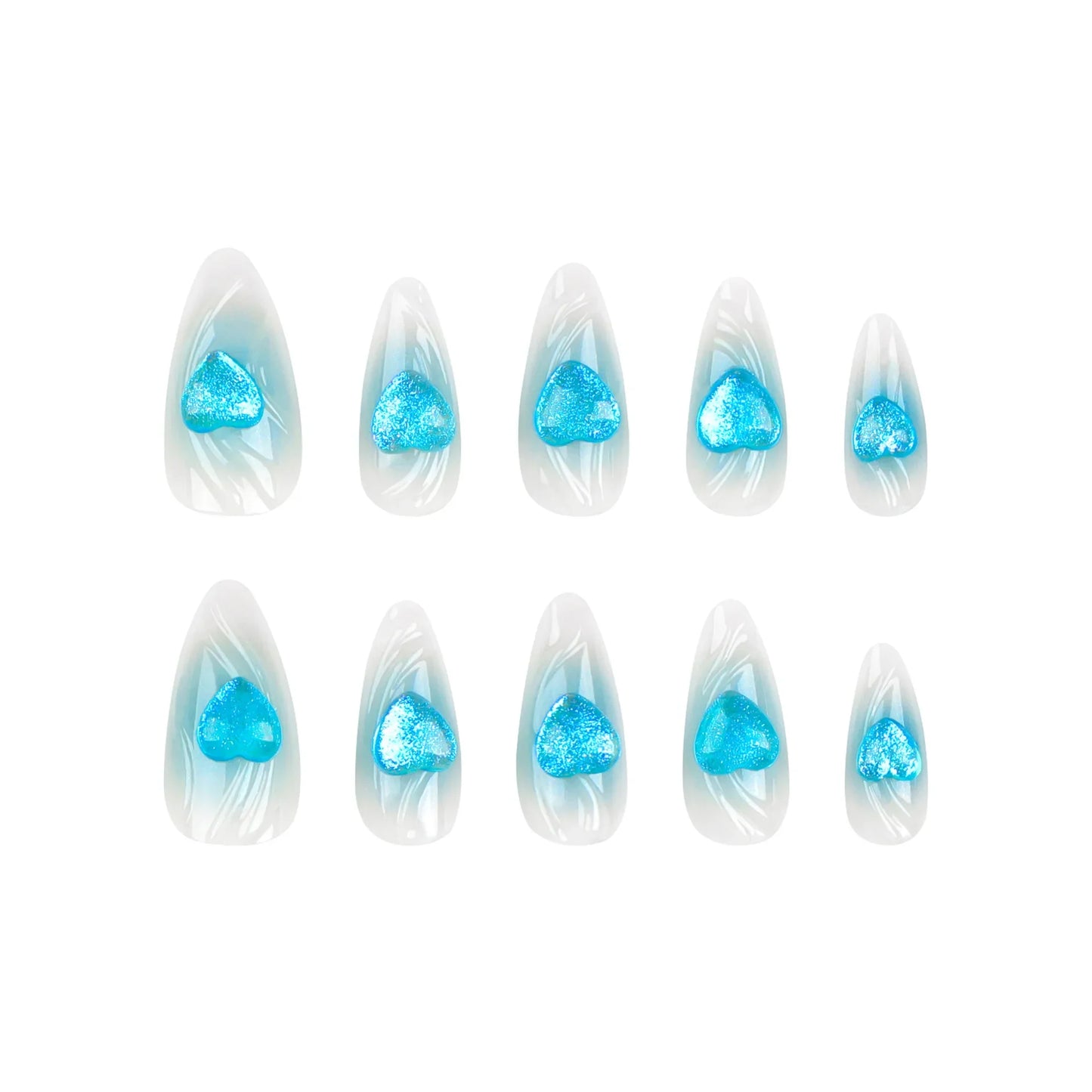 Aichashi 24PCS Long Almond Shape Wearable Blue Flash Diamond False Nails Y2K press on Stiletto Fake Nails With Water Ripple Finished Nail