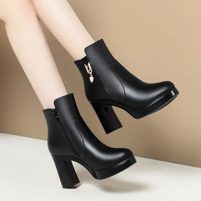 Aichashi Autumn Winter Women  Platform Shoes Warm Fleece Waterproof Short Leather Boots Luxury Black Super High Heel Ankle Boots