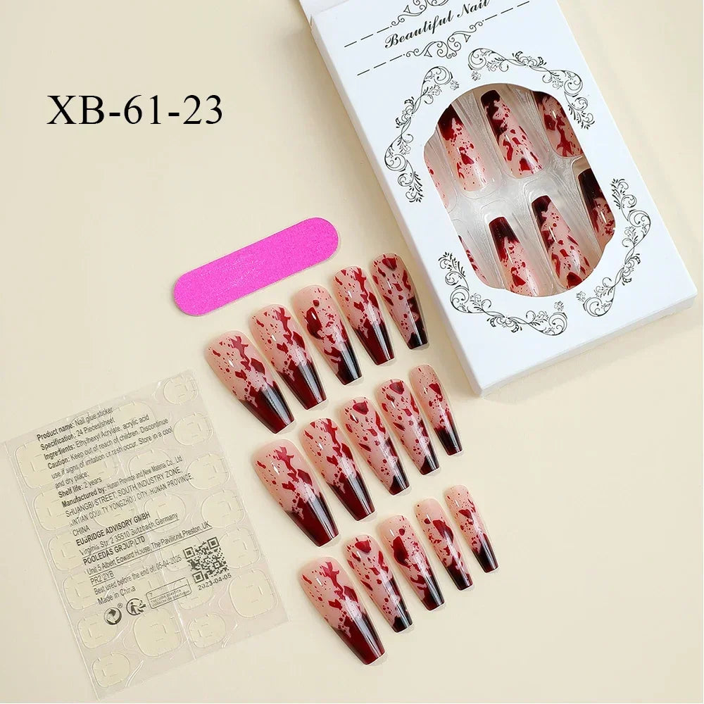 Aichashi 24PCS New Stiletto Fake Nails for Women Girls Blood Designs French Press on Nails Wearable Full Cover Red False Nails for Party