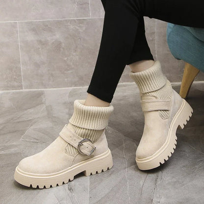 aichashi  -  Fashion Knitting Velvet Ankle Boots for Women Luxury Brand Winter Belt Buckle Height Increasing Platform Boots Zapatos De Mujer