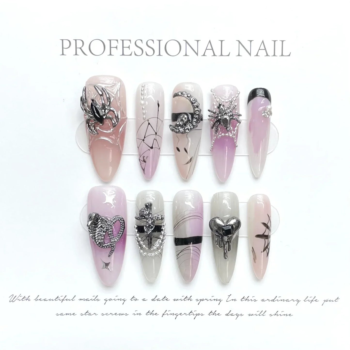 Aichashi 10pcs detachable long stilette ballet false nails with punk gothic designs y2k hot girl full cover artificial press on nail long