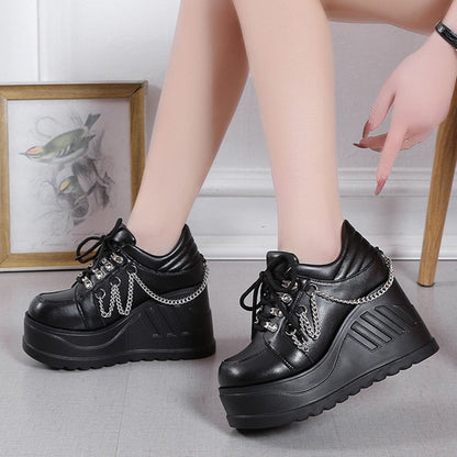 Aichashi Metal Chain Punk Gothic Shoes Woman Thick Bottom High Wedge Sneakers for Women New Black Chunky Platform Y2K Uniform Shoes