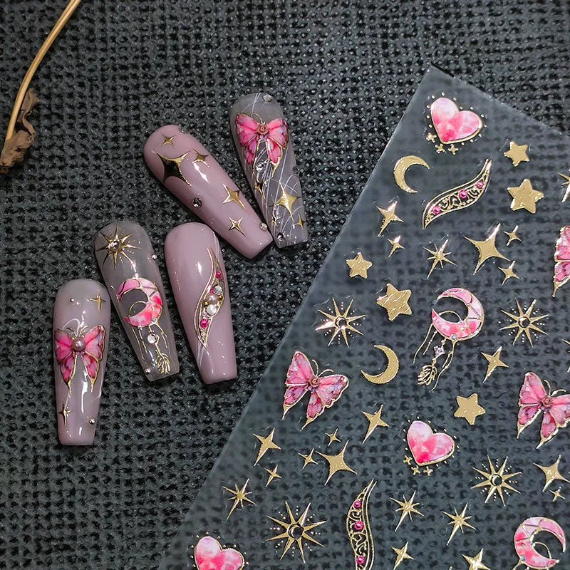 Aichashi Acrylic Engraved Nail Sticker Big Pink Flowers Green leaf Self-Adhesive Nail Transfer Sliders Wraps Manicures Foils