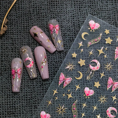 Aichashi Acrylic Engraved Nail Sticker Big Pink Flowers Green leaf Self-Adhesive Nail Transfer Sliders Wraps Manicures Foils