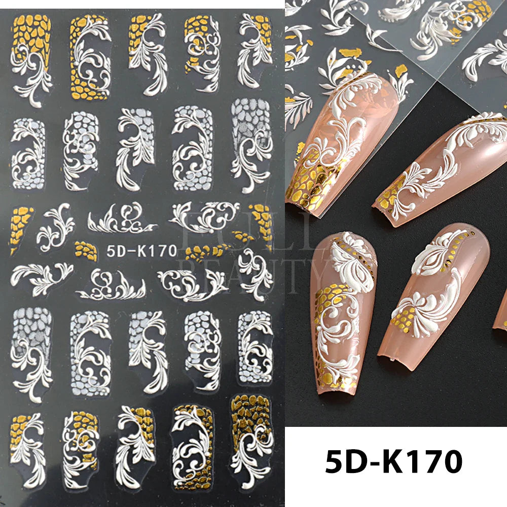 Aichashi 5D Embossed Nail Stickers Flowers Bird Geometric Lines Gold Frame Floral Nail Decals Cherry Blossom Y2K Manicure Decor