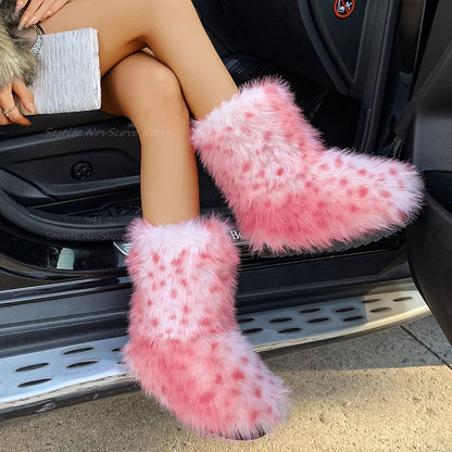 aichashi  -  Round Toe Fur Snow Boots Slip On Thick Bottom Pink Dot Decor Winter Fashion Women Daily Dress Casual Comfort Warm Short Booties