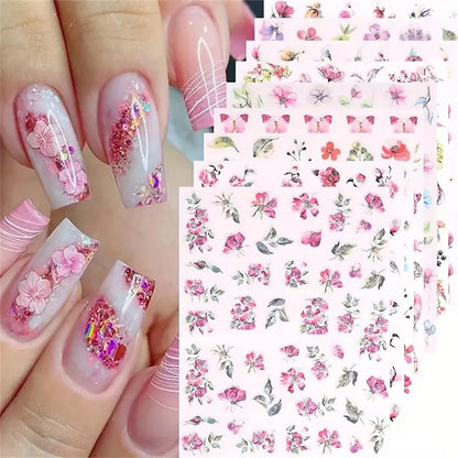 Aichashi 9PCS Spring Flower Nail Art Stickers, Holographic Ink Painting Flower Leaves Nail Transfer Decal Design Girls Nail Pendant