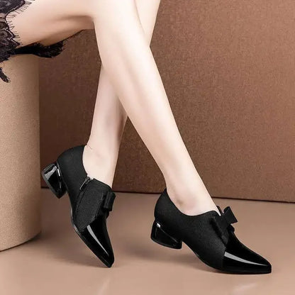 Aichashi 5cm Deep Mouth High Heels Women's Spring Autumn New Fashion Bow Versatile Elegant Pointed Thick Heel Single Shoes Women