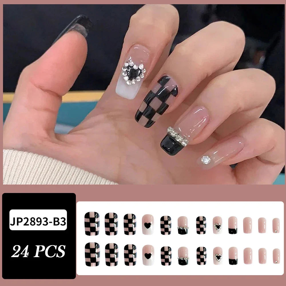 24Pcs Fashion Fake Nails Press on Nail Cute Bear Milk Tea Color Chessboard Grid Pattern Artificial nail Tips with Jelly glue