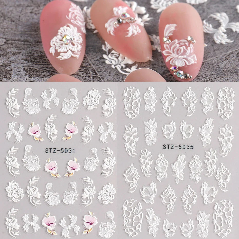 2Pcs 5D Acrylic Lace Flowers Nail Stickers Decals White Wedding Design Simple Floral Embossed Sliders DIY Nails Accesories