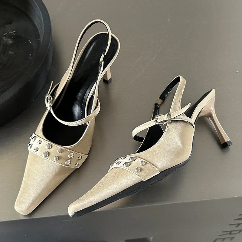 aichashi  -  Rivet High Heeled Sandals Women Fashion Satin Elegant Party Slingback Sandals Women Summer Pointed Toe Pumps Office Muller Heels