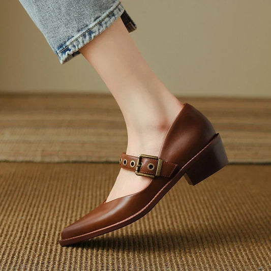 Aichashi NEW Spring/Autumn Women Pumps Split Leather Shoes for Women Pointed Toe Chunky Shoes Mid-Heel Mary Janes Retro Belt Buckle Shoes