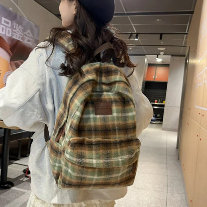 Aichashi BACK TO SCHOOL Vintage Plaid Woollen Cloth Women's Backpack Student Book Backpacks for Teenage Girls School Bags Large CapacityTravel Rucksack