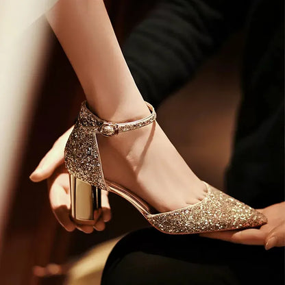 aichashi Luxury Gold Silver Sequins High Heels Pumps Women Pointed Toe Ankle Straps Wedding Shoes Woman Thick Heeled Party Shoes