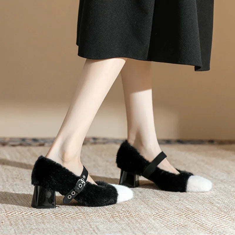 aichashi  -  Fashion Furry Mary Jane Shoes Women Winter Cute Warm High Heels Square Heel Belt Buckle Design Women Pumps Zapatos De Mujer