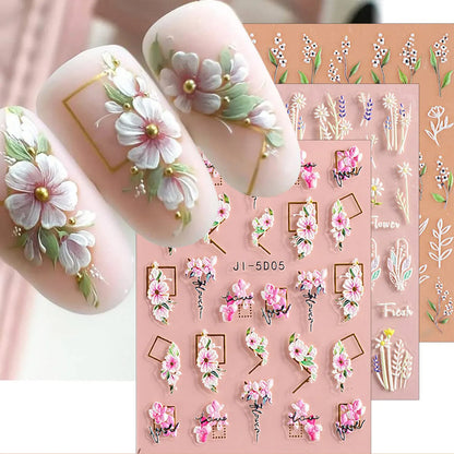 3 Sheets Embossed Flower Leaves Nail Art Stickers Decals Self-Adhesive Nail Art Decoration Manicure Accessories