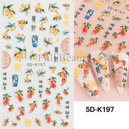 Aichashi 5D Embossed Nail Stickers Flowers Bird Geometric Lines Gold Frame Floral Nail Decals Cherry Blossom Y2K Manicure Decor