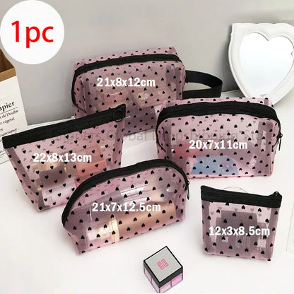 1pc Love Print Mesh Cosmetic Bag Portable Toiletry Organizer Makeup Bag Multifunction Transparent Women Lipstick Storage Pouch