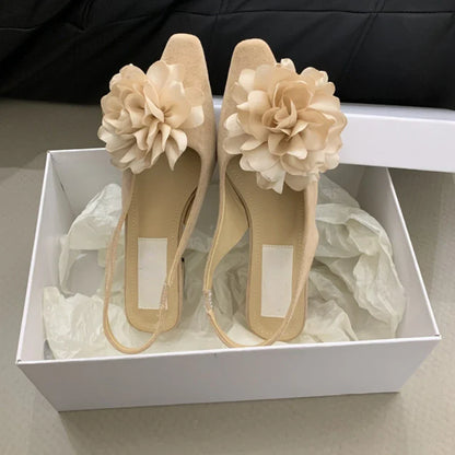 aichashi  -  Flower Chunky Heel Mule Shoes Women Suede Fashion High Heels Green Pointed Toe Low Heel Sandals Flowers Mary Jane Women Pumps