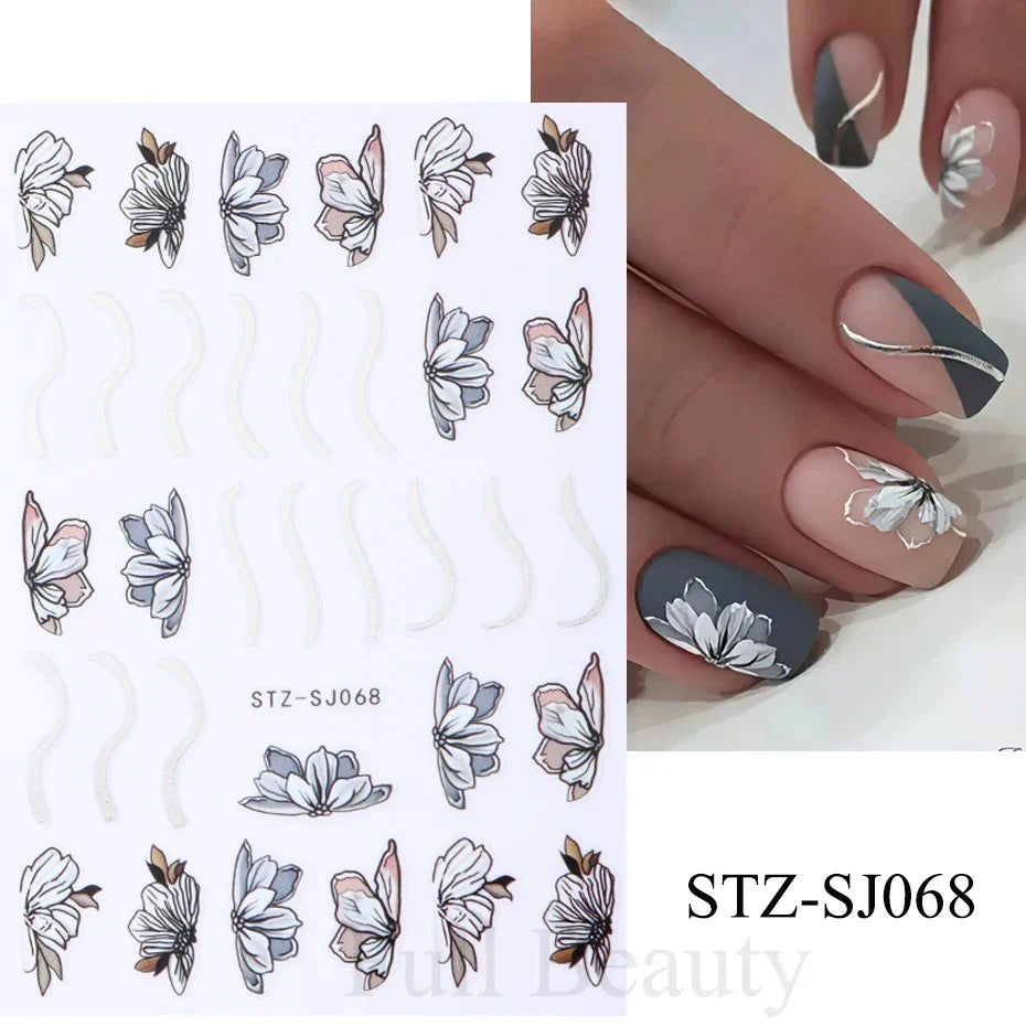 Aichashi Acrylic Flowers Nails Art Stickers White Floral Petal Leaf Sliders For Nails Wedding Design Manicure Decoration