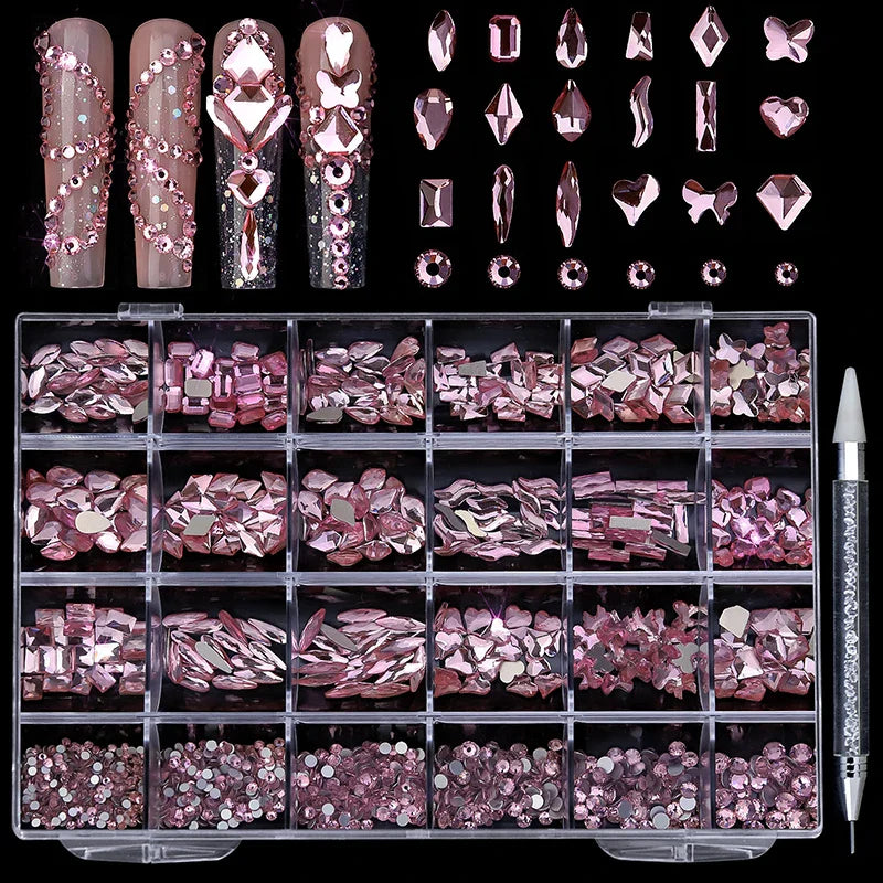 24grids Mixed Shapes Jewelry Luxury Shiny Diamond For Nail Art Decorations DIY Glass Crystal Set with Dot Drill Pen