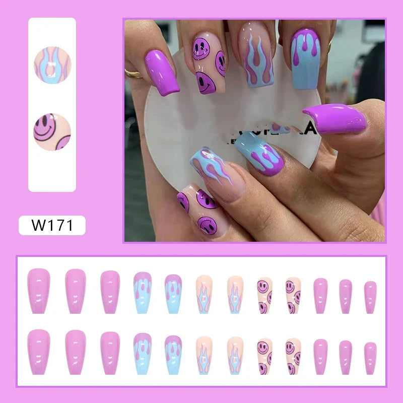 24Pcs/Set Medium Long French Wear False Nails Art Blue Wave Press on Acrylic Nail Tips Hot Fake Nails Collection Stick on Nails