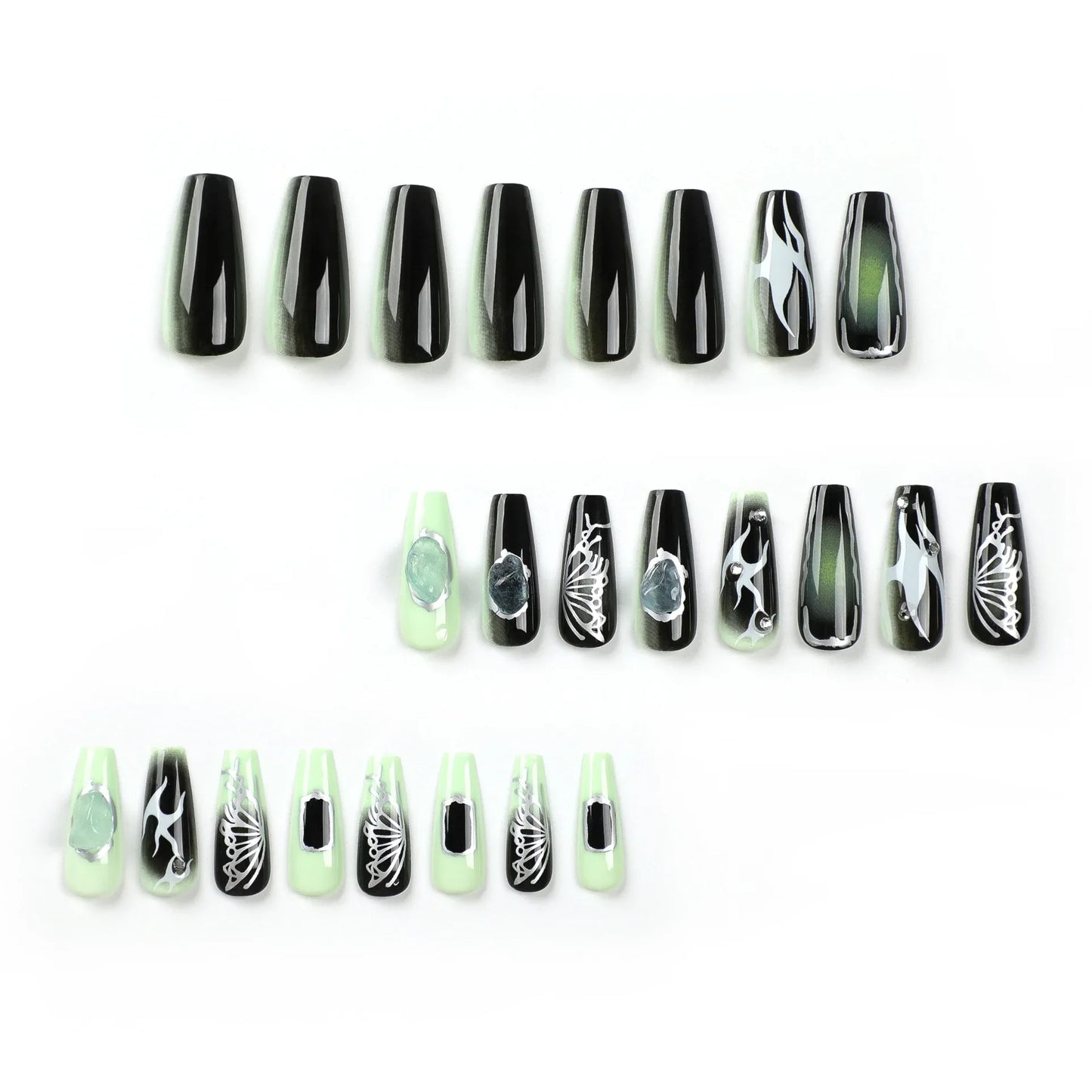 Aichashi 24PCS Long Ballet French Nail Art Fake Nails y2k Press On Black Green Gradient Nail Tips False Nails With Diamond Decoration