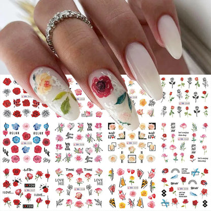 Aichashi 12 Designs Lily Flowers Nail Stickers White Flower Green Leaf Geometric Line Sliders Spring Floral Water Transfer Decals Slider