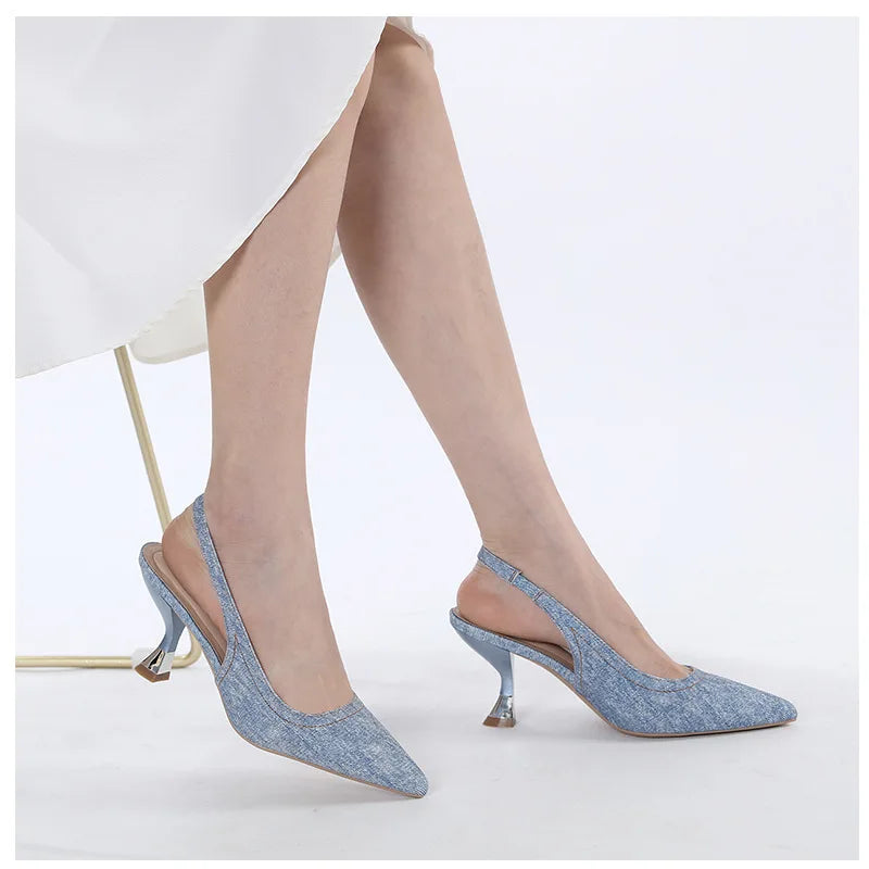 aichashi  -  Fall New Jeans High Heels Blue Pointed Pumps Brand Designer Shoes Office Elegant Women's Shoes Shallow Mule Shoes Women Heels