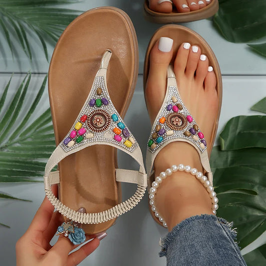 Aichashi Bohemian Style Retro Sandals Women 2024 Summer Clip Toe Flat Gladiator Sandals Woman Fashion Beaded Non Slip Outdoor Flip Flops