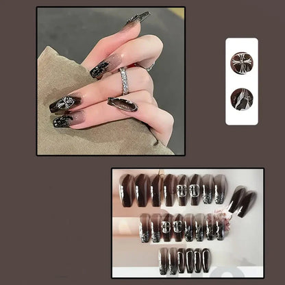 Aichashi Black Square Press On Nails with 3D Cross Designs - Full Cover Acrylic False Nails for Women and Girls Detachable Long Fake nail