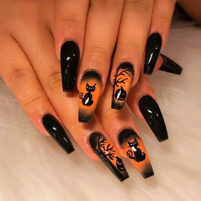 Aichashi New Halloween Fake Nails Patch Black Almond/Coffin Head Artificial Nail Tips Pumpkin Spider Ghost Printed Press on Nail for Girl