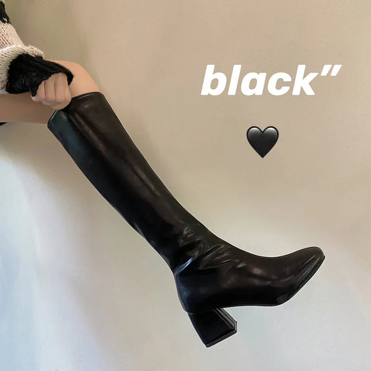 Aichashi Knee-length Boots Women Women's Rubber Shoes Sexy Square Heel Thigh High Heels Luxury Winter Heeled Booties Black