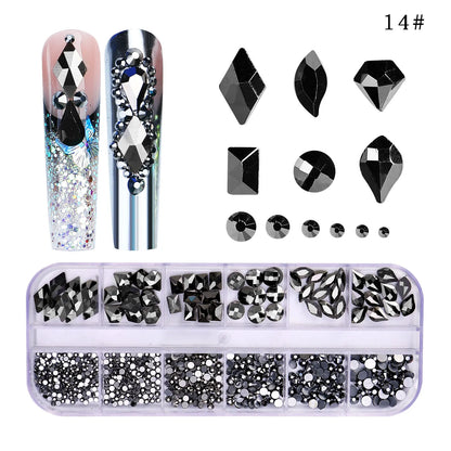 12 Grids/Box Multi-Size Nail Art Rhinestone Decorations AB Crystal Diamond Gems 3D Nails Glitter Glass Non Hotfix Strass Jewelry