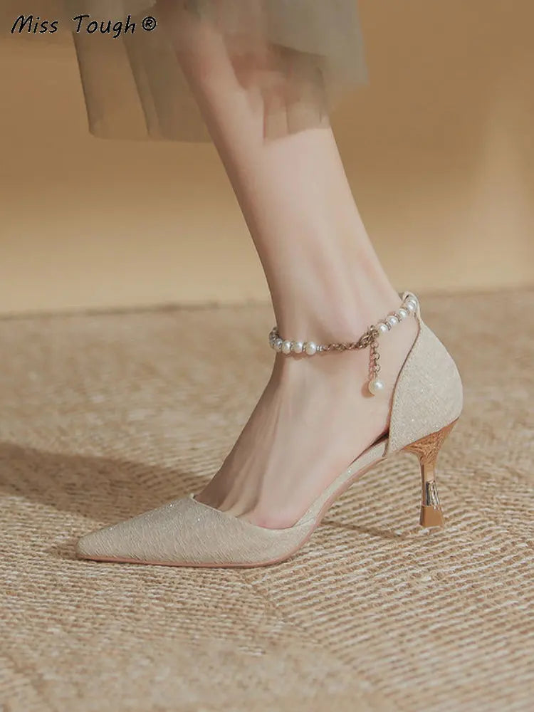 aichashi  -  Summer Fairy Elegant High Heels Lady String Bead Casual Korean Style Sweet Shoes Party Design French Bridal Pumps Women