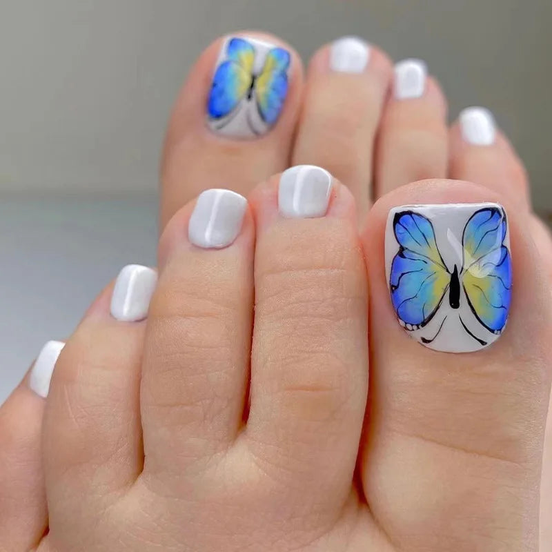 24P Fake Toenails With Glue French Line Glitter False Toe Nails Art Detachable Press On Toenails Acrylic Butterfly ToeNails Tips