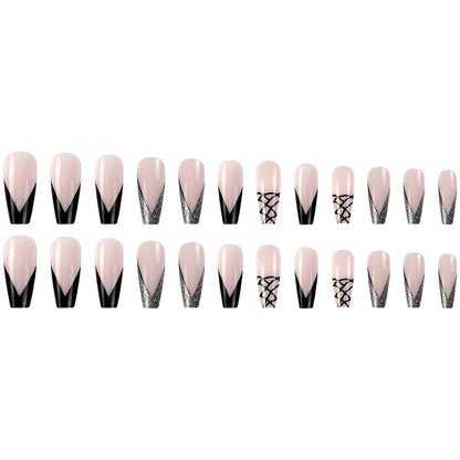 24 Pcs Long Coffin Press On Nails Pink Frech Style Glitter Fake Nails Glossy Artificial Finger Manicure False Nails For Women