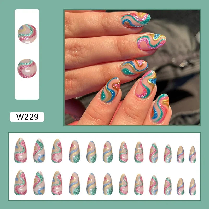 24Pcs Almond False Nails With Tools Cute Heart Strawberry Chili Design French Checkerboard ABS Press On Nails Fake Tips Wearable