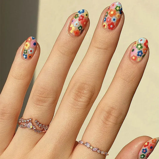 24Pcs Colorful Flowers Design False Nails with Glue Summer Almond Round Fake Nails Wearable Press on Nails Full Cover Nail Tips