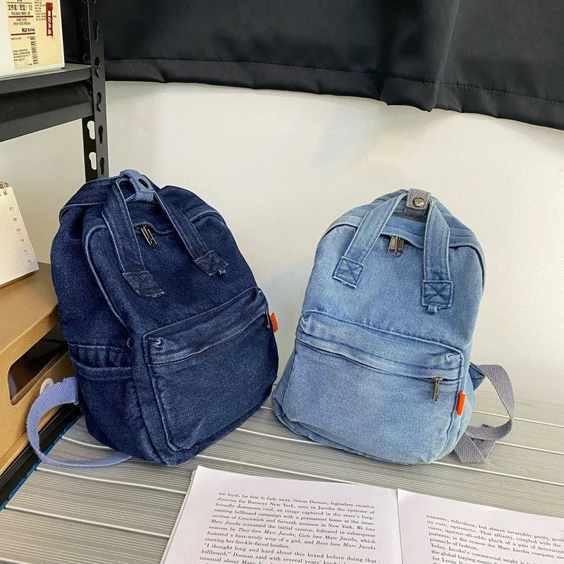 Aichashi BACK TO SCHOOL Casual Denim Student Bag Portable Multi-functional Travel Backpack Light Blue Fashionable Denim Backpack