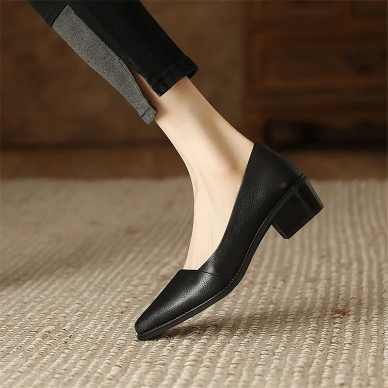 Aichashi New Spring/Summer Women Shoes Pointed Toe Chunky Heel Shoes for Women Handmade Genuine Leather Women Pumps Zapatos De Mujer