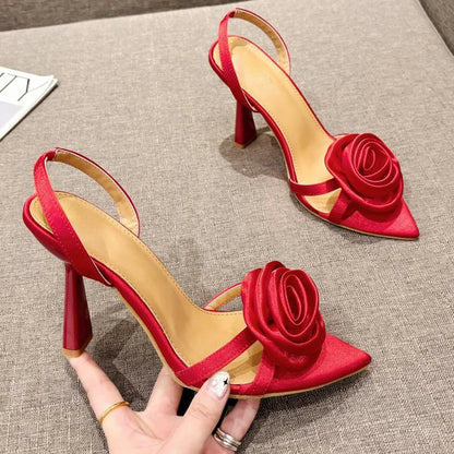 aichashi  -  Rose Flower High Heels Women Fashions Sexy Slingback Sandals Women Designer Sandals Female Satin Floral Pointed Toe Pumps Women