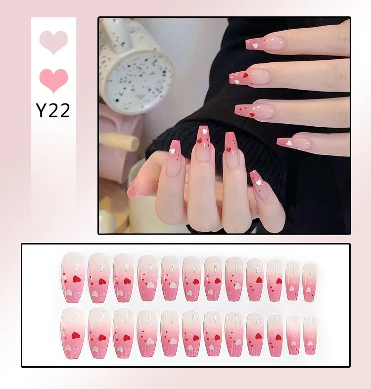 24Pcs Almond False Nails With Tools Cute Heart Strawberry Chili Design French Checkerboard ABS Press On Nails Fake Tips Wearable